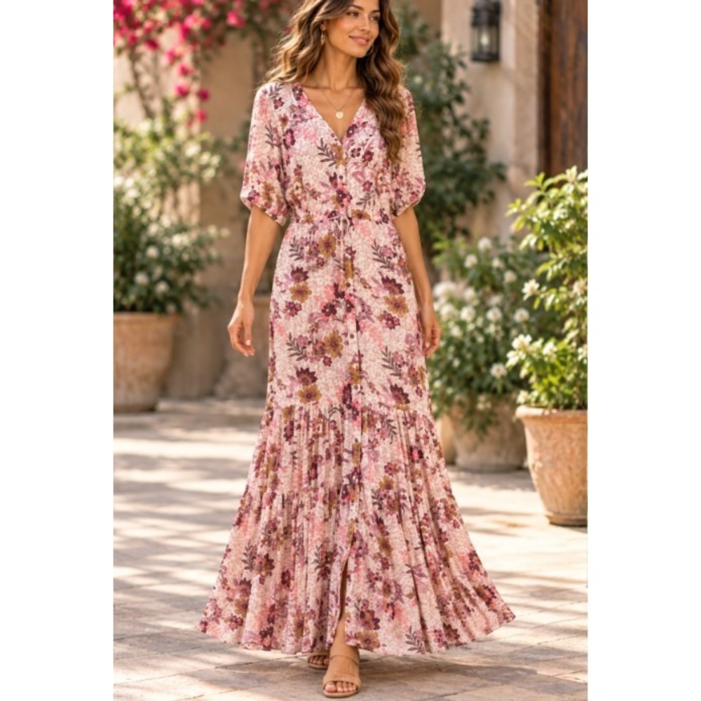 Knox Rose Floral Maxi Dress Womens M Pink Button Front Tie Waist Boho Cottage